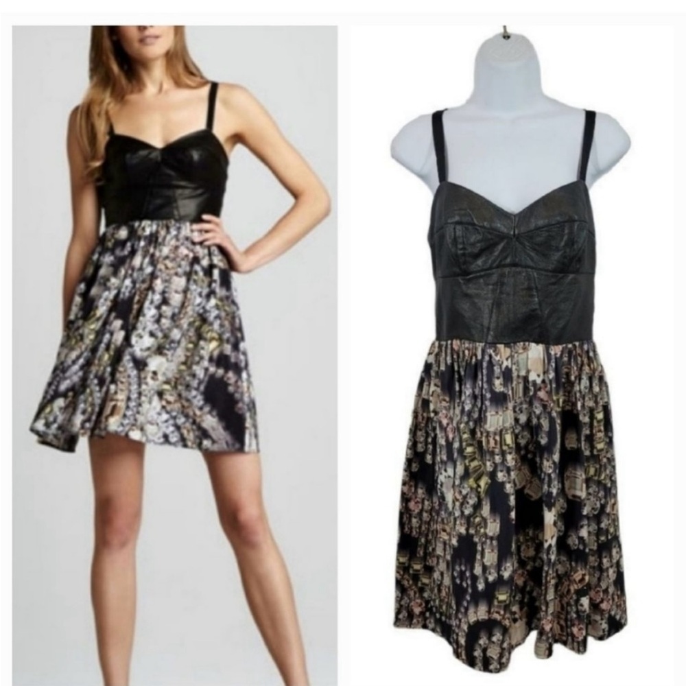 Amanda Uprichard Lambs Leather Bodice and Silk Jewel Print Dress Size Medium